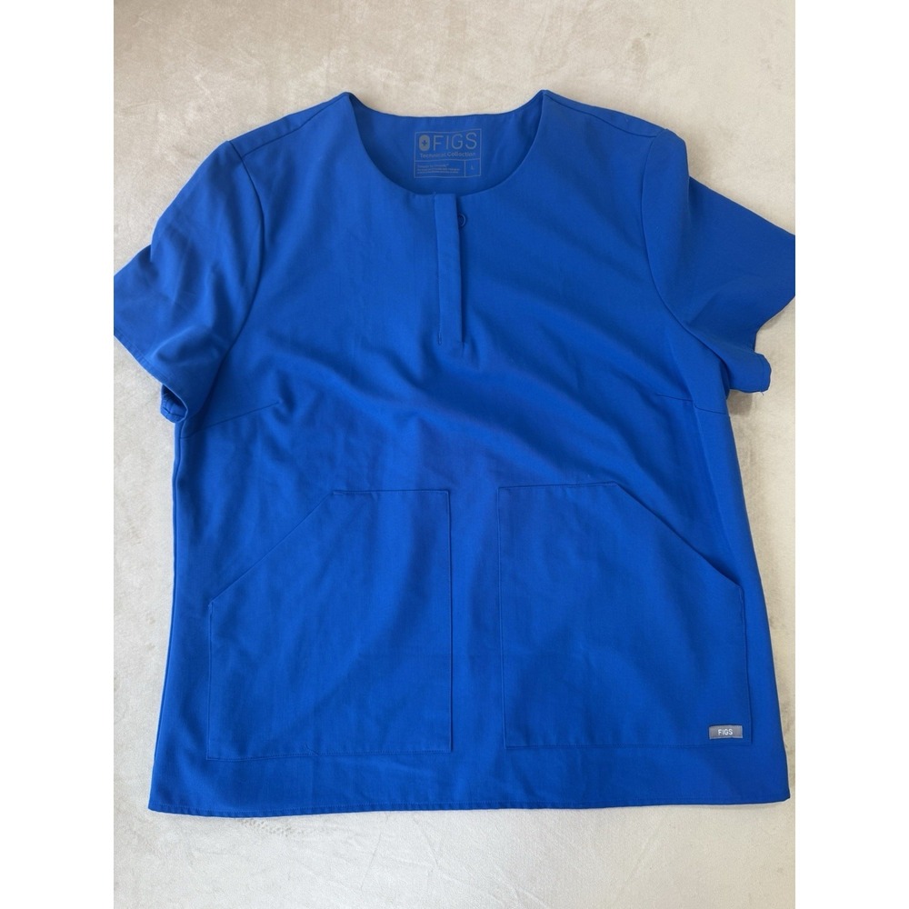 Figs Scrub Top Womens‎ Large Blue Kasane Button Neck Two Pockets Technical